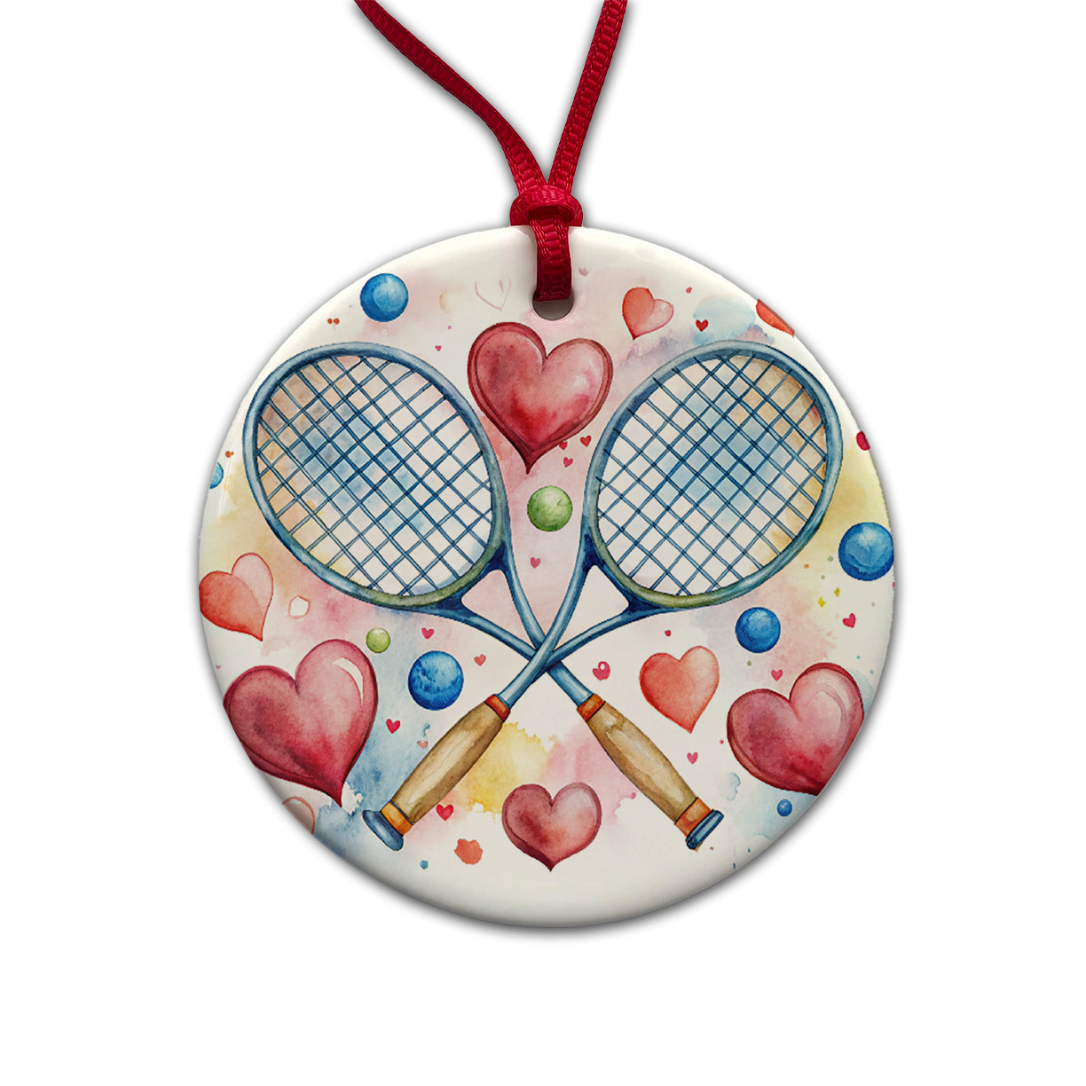 Tennis Rackets Crossed With Hearts Watercolor Round Ceramic Holiday Christmas Tree Ornament