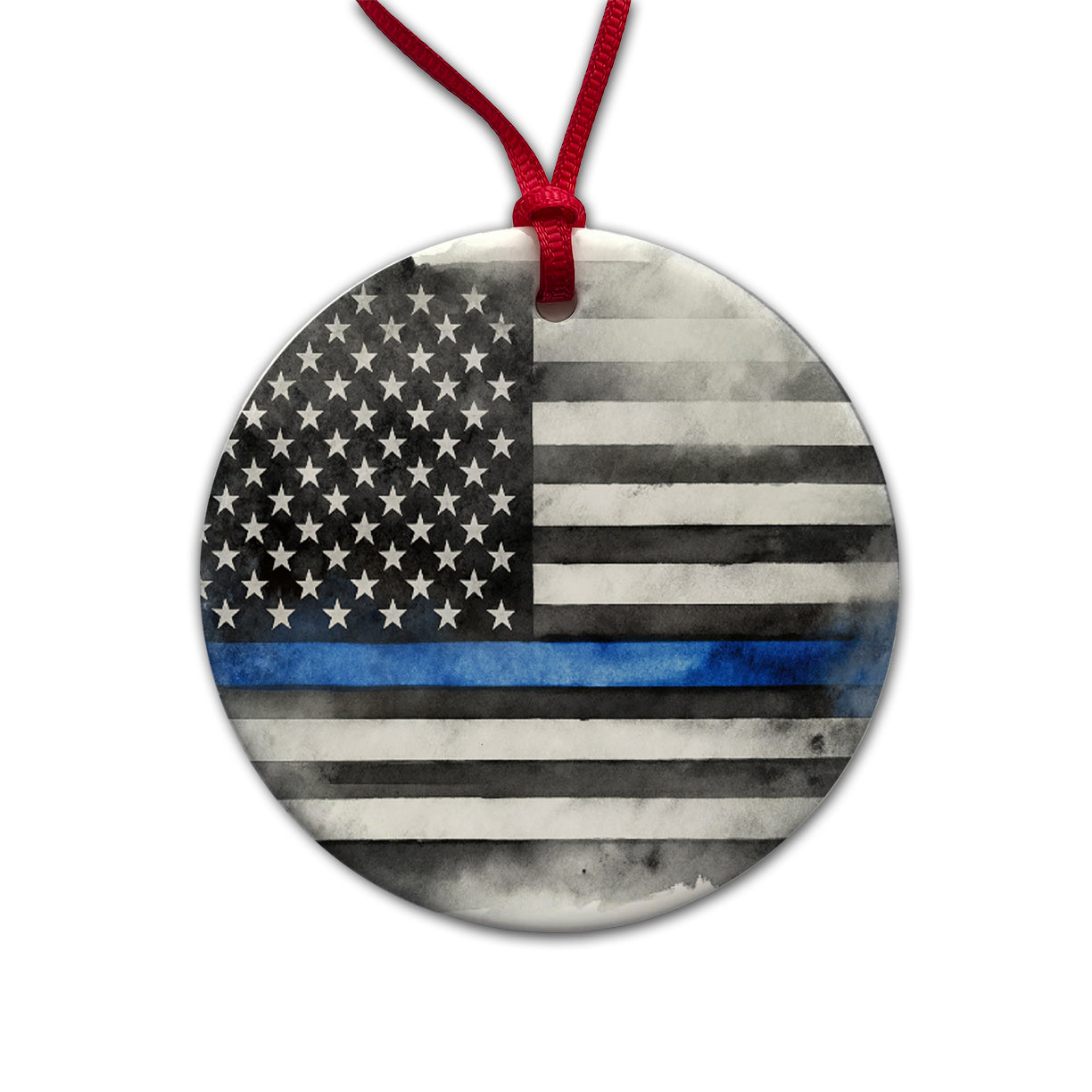 Thin Blue Line Black And White American Flag Support Policemen Police Round Ceramic Holiday Christmas Tree Ornament
