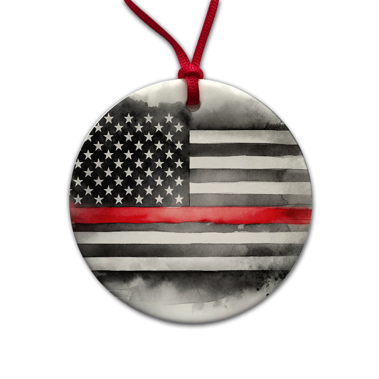 Thin Red Line Black And White American Flag Support Firemen Firefighters Round Ceramic Holiday Christmas Tree Ornament