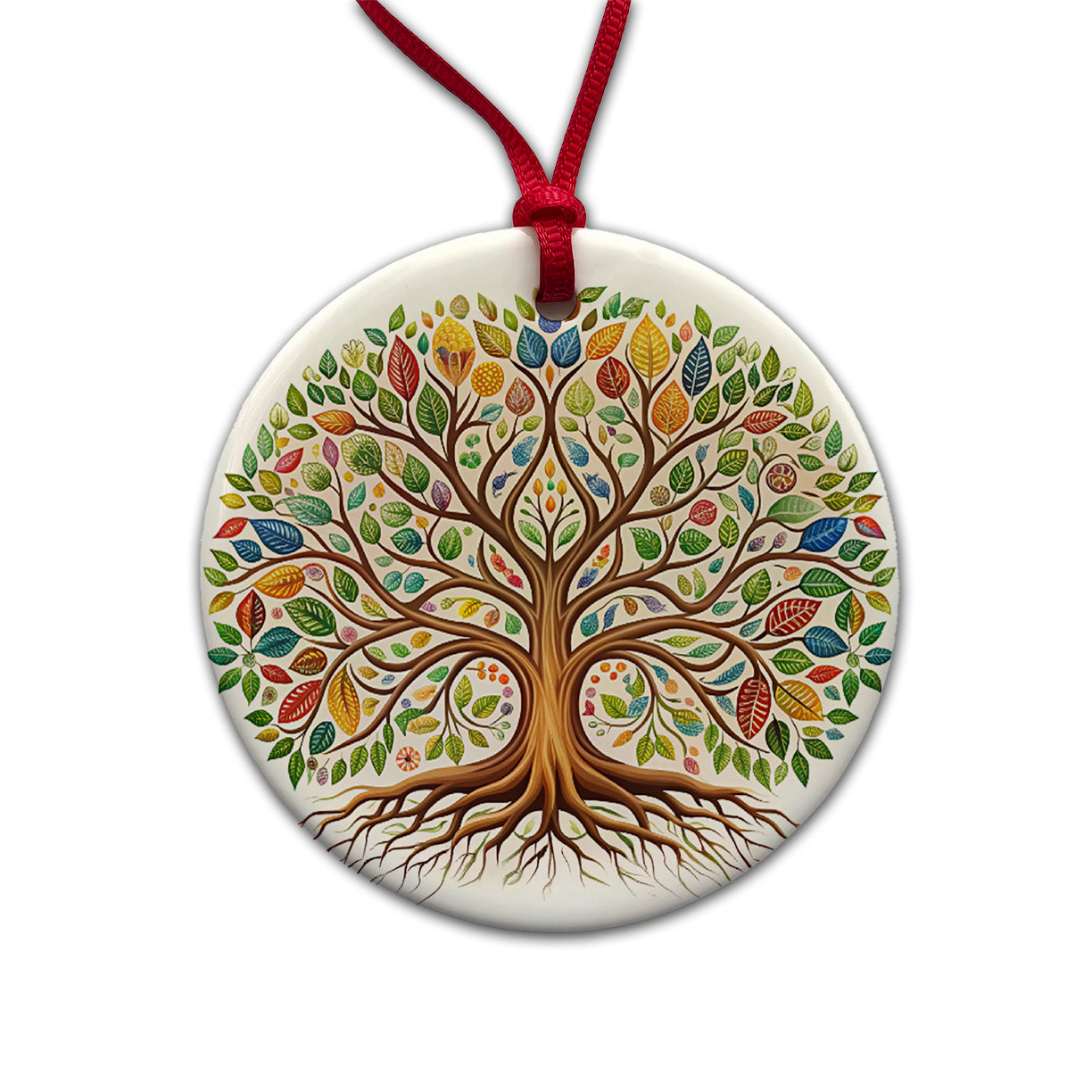 Tree Of Life Design With Multi-color Leaves Round Ceramic Holiday Christmas Tree Ornament