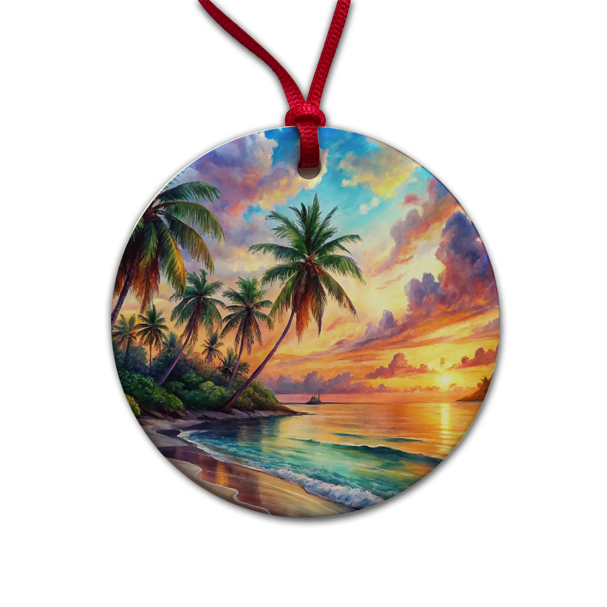 Tropical Beach At Sunset Watercolor Round Ceramic Holiday Christmas Tree Ornament