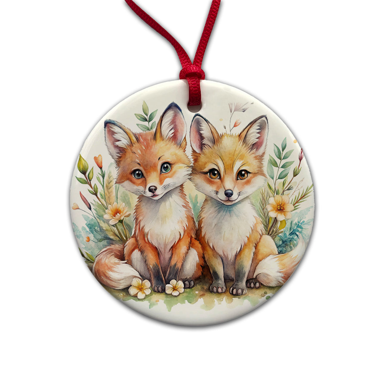 Two Sweet Foxes Round Ceramic Holiday Christmas Tree Ornament