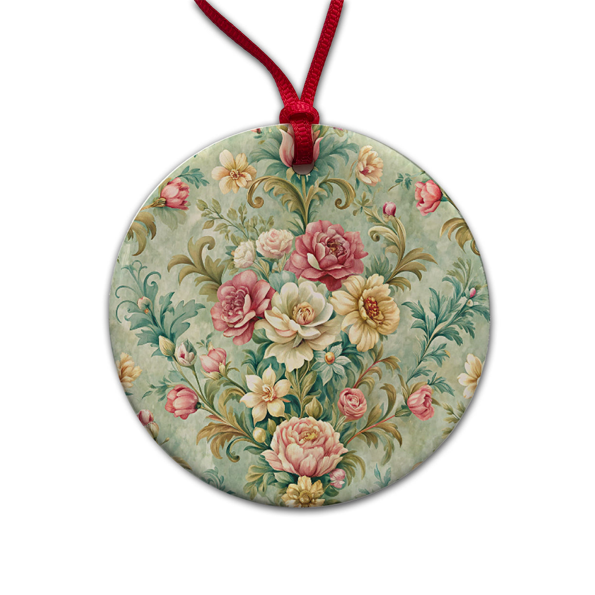 Victorian Flowers Floral Wallpaper Round Ceramic Holiday Christmas Tree Ornament