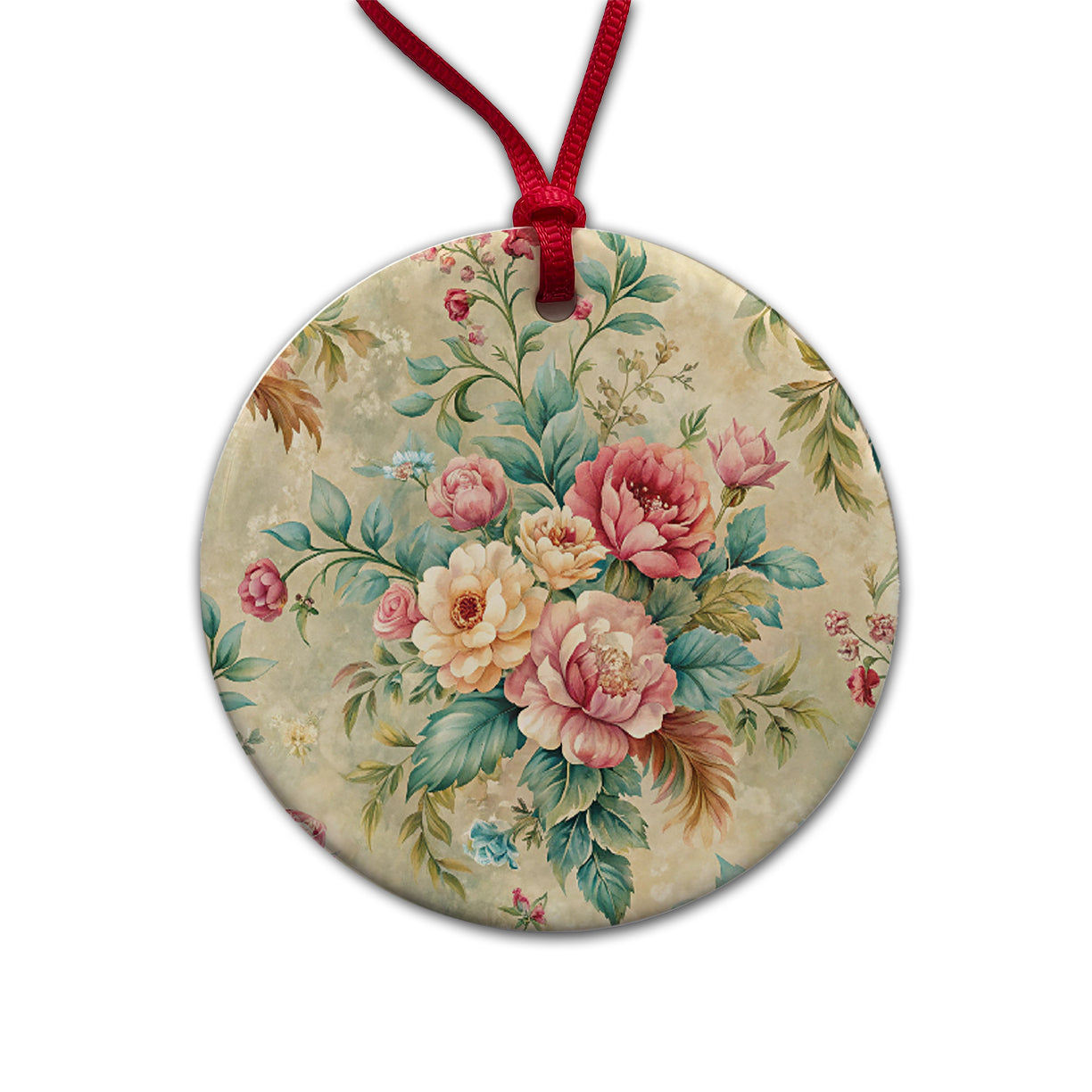 Victorian Flowers Wallpaper Round Ceramic Holiday Christmas Tree Ornament