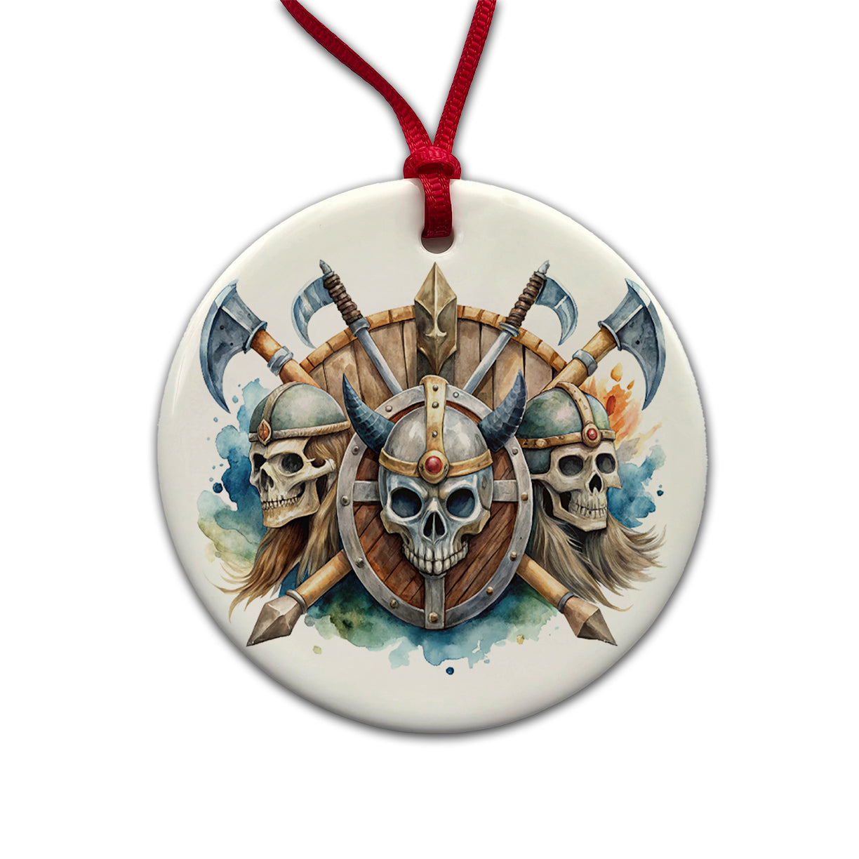 Viking Axes Shields And Skulls Watercolor Round Ceramic Holiday Christmas Tree Ornament