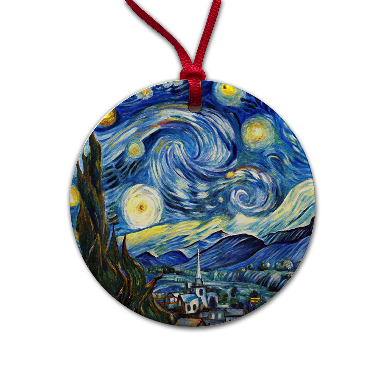 Watercolor Faux Van Gogh Starry Night Round Ceramic Holiday Christmas Tree Ornament