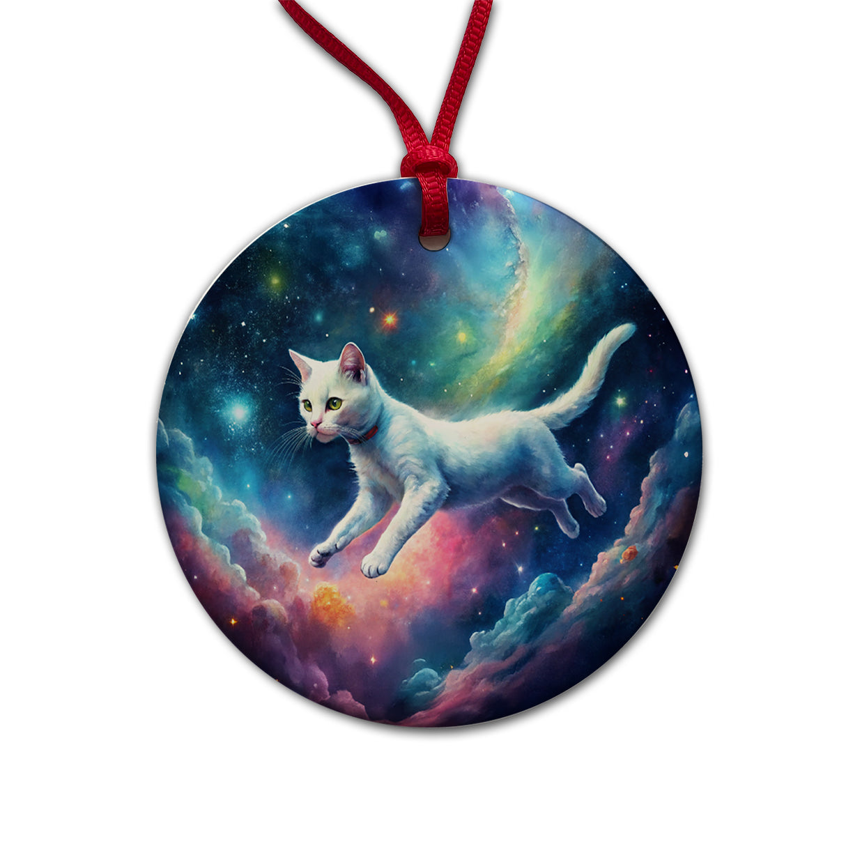 White Cat Flying Through Space Funny Watercolor Round Ceramic Holiday Christmas Tree Ornament