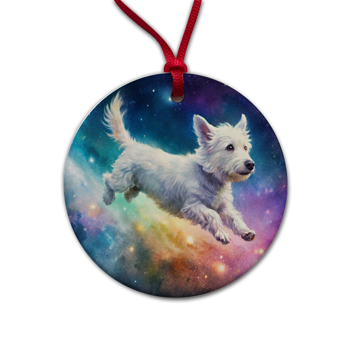 White Dog Flying Through Space Funny Watercolor Round Ceramic Holiday Christmas Tree Ornament