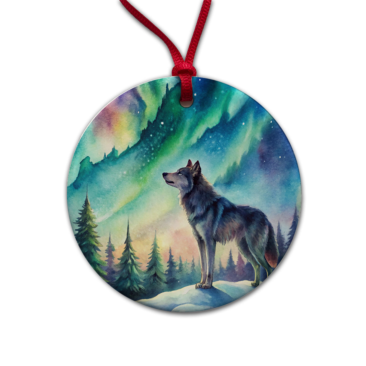 Wolf And Northern Lights Watercolor Round Ceramic Holiday Christmas Tree Ornament
