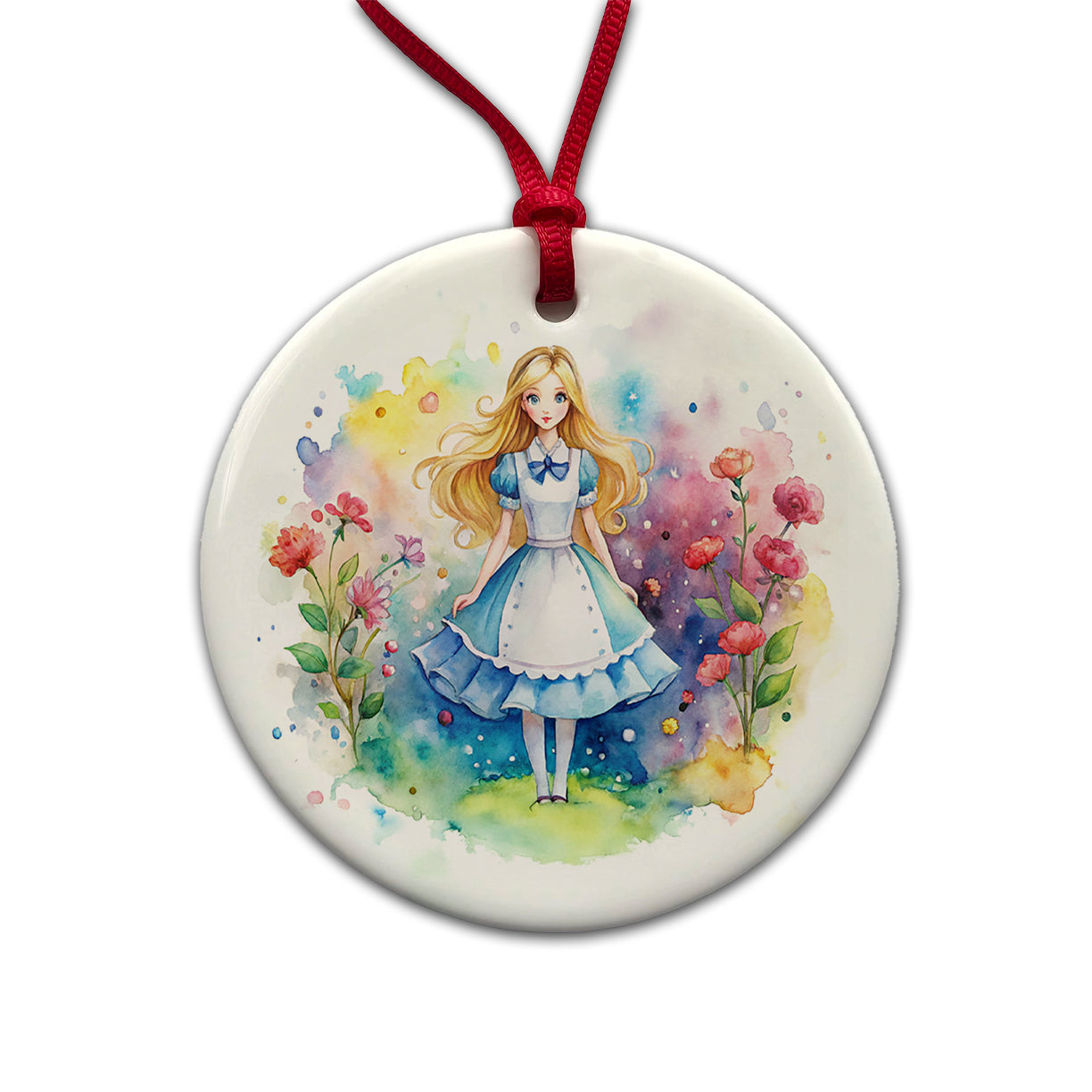 Alice In Wonderland Watercolor Round Ceramic Holiday Christmas Tree Ornament