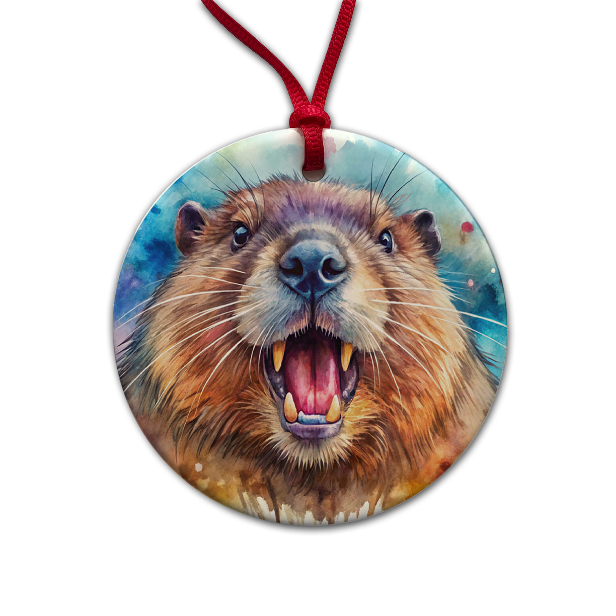 Angry Beaver Watercolor Round Ceramic Holiday Christmas Tree Ornament
