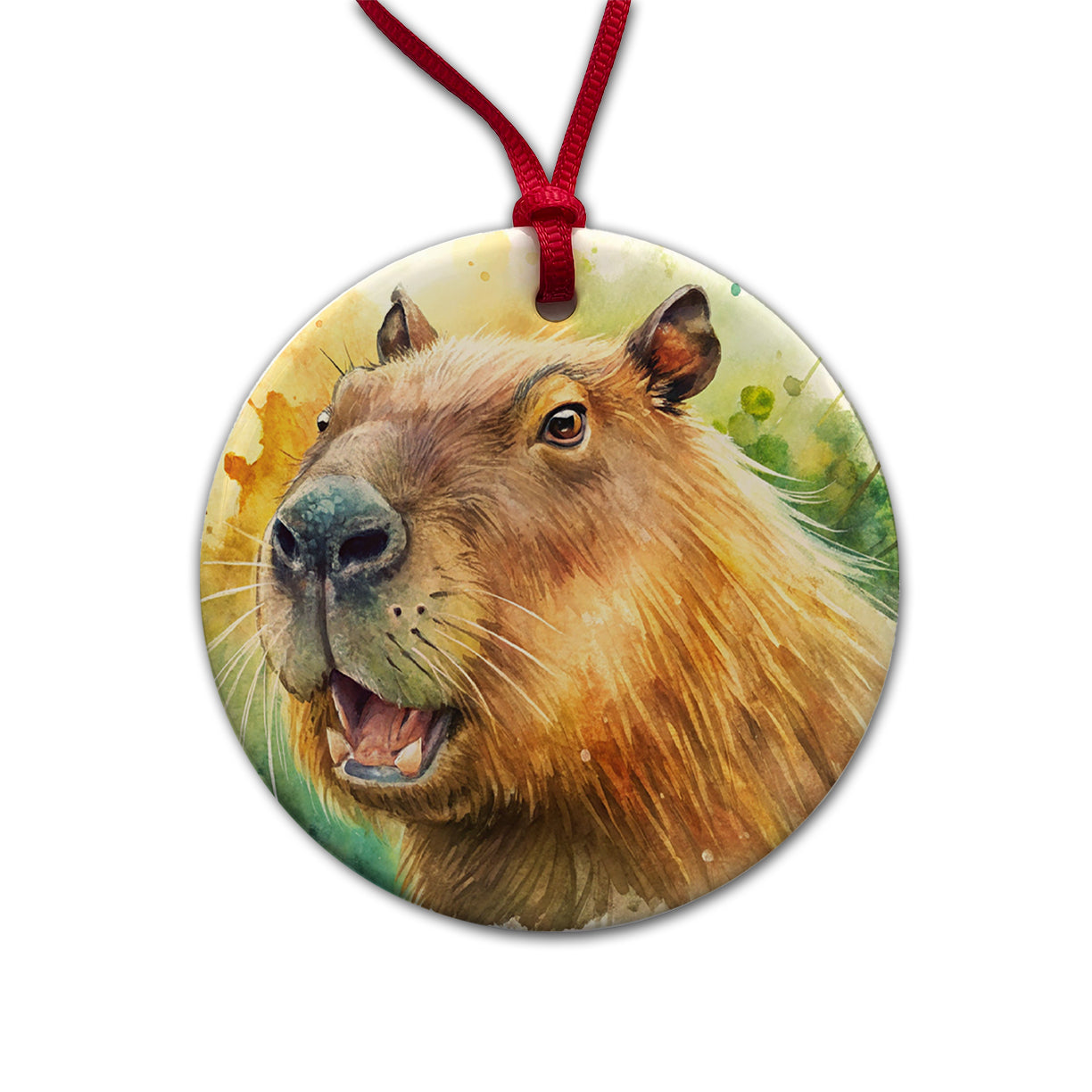 Angry Capybara Watercolor Round Ceramic Holiday Christmas Tree Ornament