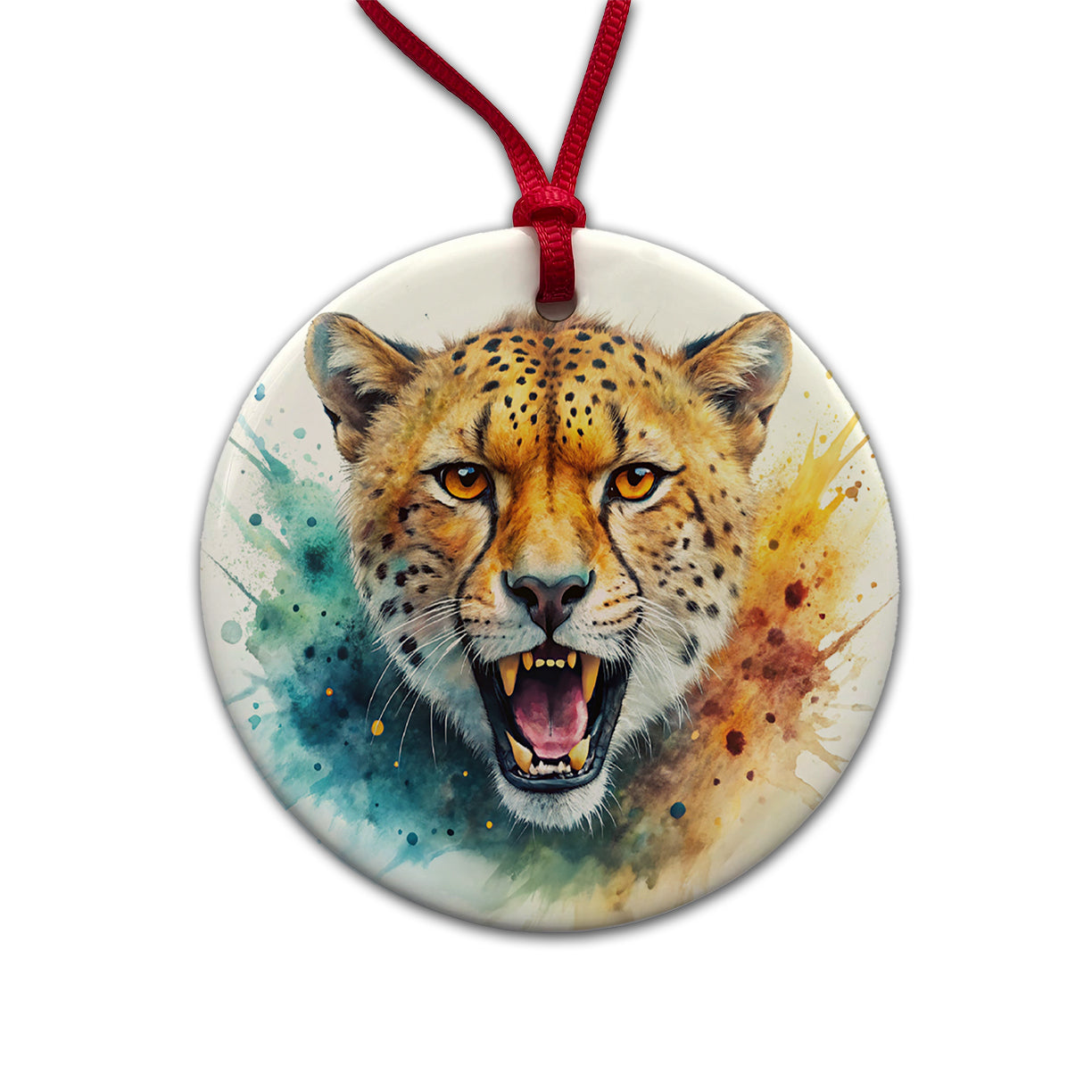 Angry Cheetah Watercolor Round Ceramic Holiday Christmas Tree Ornament