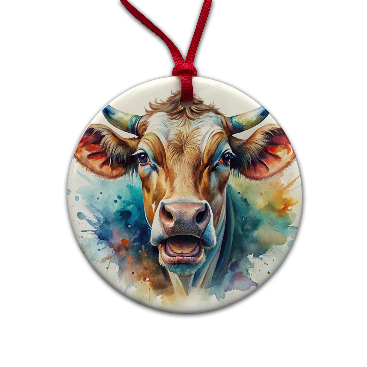 Angry Cow Watercolor Round Ceramic Holiday Christmas Tree Ornament