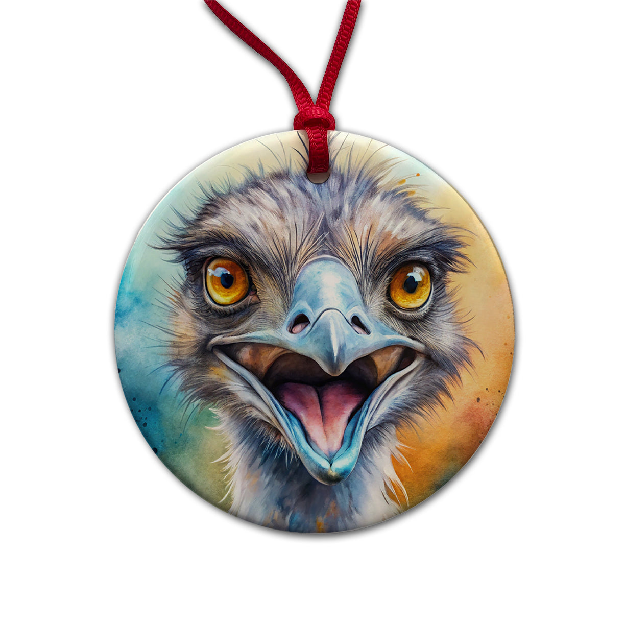 Angry Emu Watercolor Round Ceramic Holiday Christmas Tree Ornament