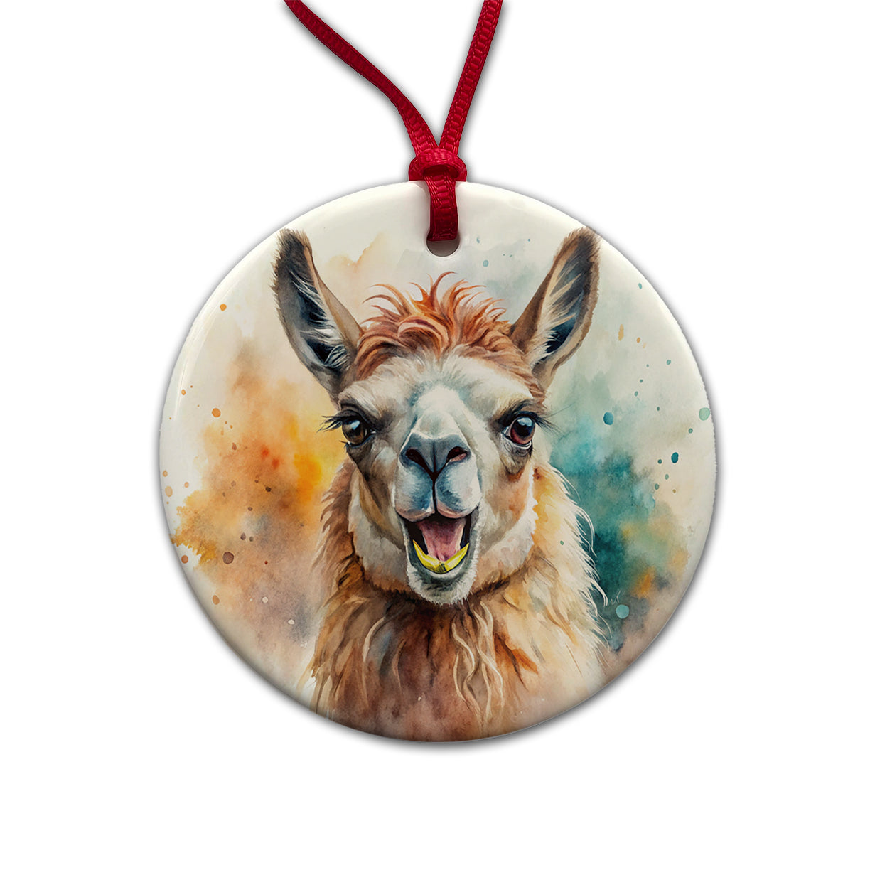 Angry Llama Watercolor Round Ceramic Holiday Christmas Tree Ornament