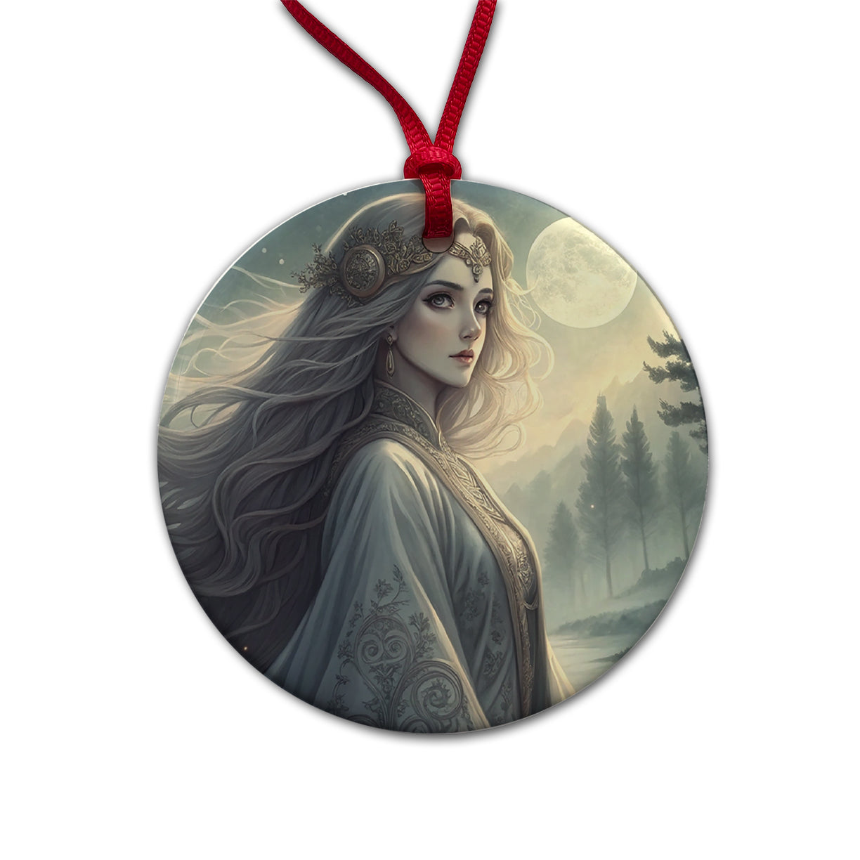Anime Style Fantasy Princess Elf White Scene Round Ceramic Holiday Christmas Tree Ornament