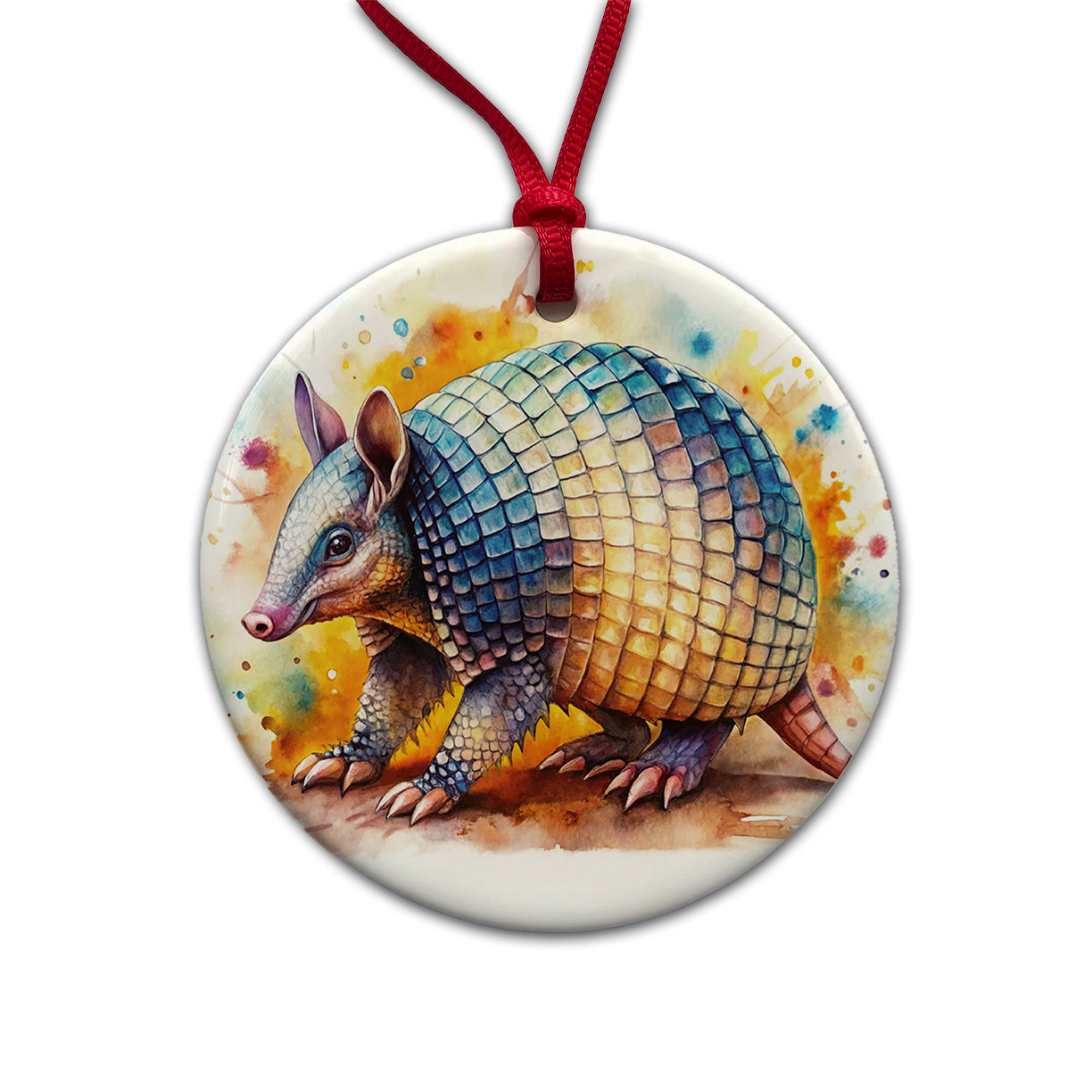 Armadillo Watercolor Round Ceramic Holiday Christmas Tree Ornament