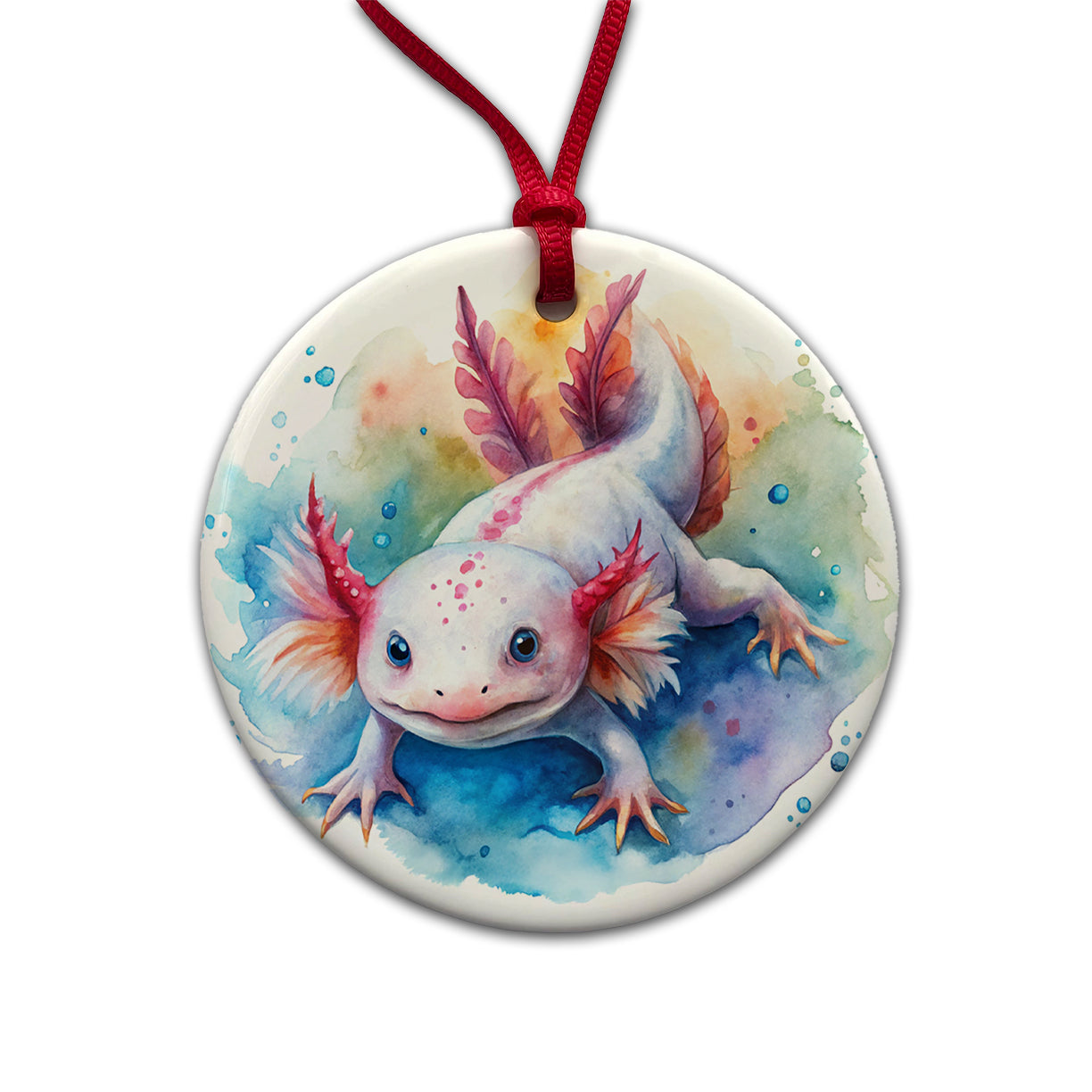 Axolotl Watercolor Round Ceramic Holiday Christmas Tree Ornament