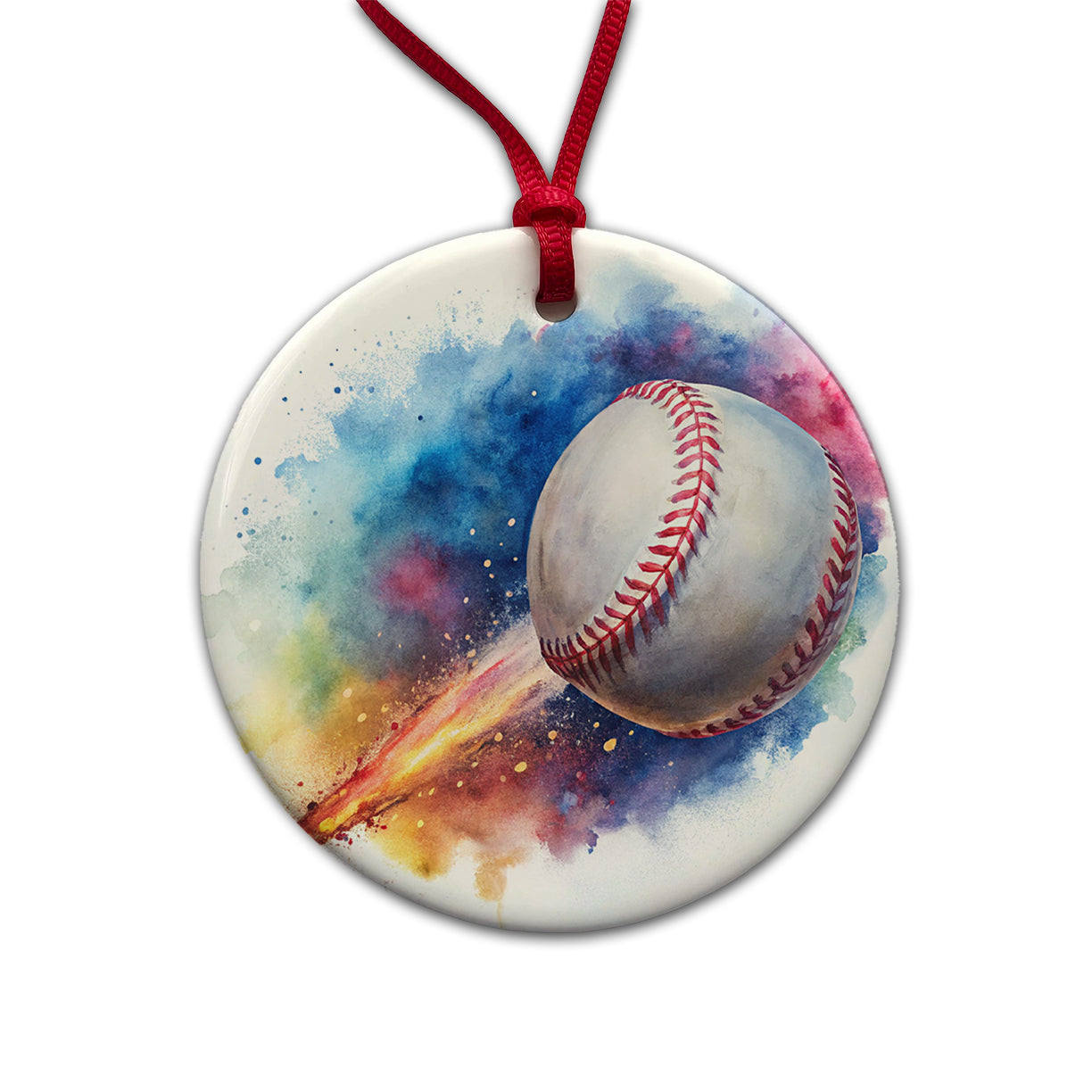 Baseball Rocketing Through The Air Watercolor Round Ceramic Holiday Christmas Tree Ornament