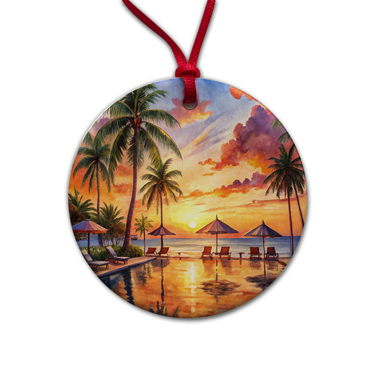 Beach Resort At Sunset Sunrise Tropical Watercolor Round Ceramic Holiday Christmas Tree Ornament