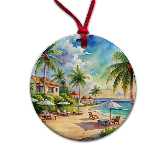 Beach Resort Tropical Scene Watercolor Round Ceramic Holiday Christmas Tree Ornament