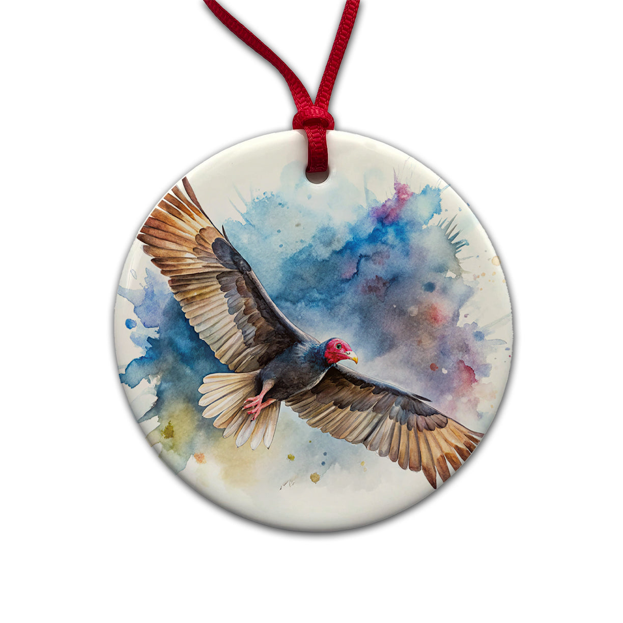 Black Turkey Vulture In Flight Watercolor Round Ceramic Holiday Christmas Tree Ornament
