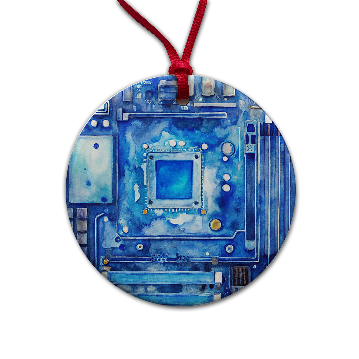 Blue Computer Motherboard Watercolor Round Ceramic Holiday Christmas Tree Ornament