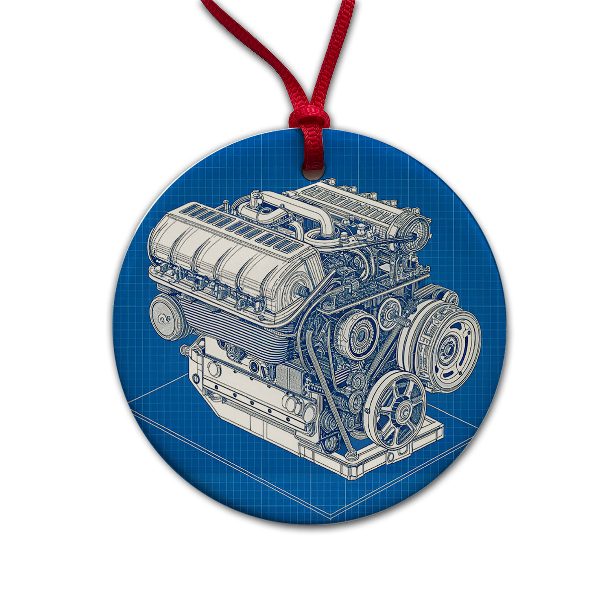 Blueprint Of Car Engine V8 Round Ceramic Holiday Christmas Tree Ornament