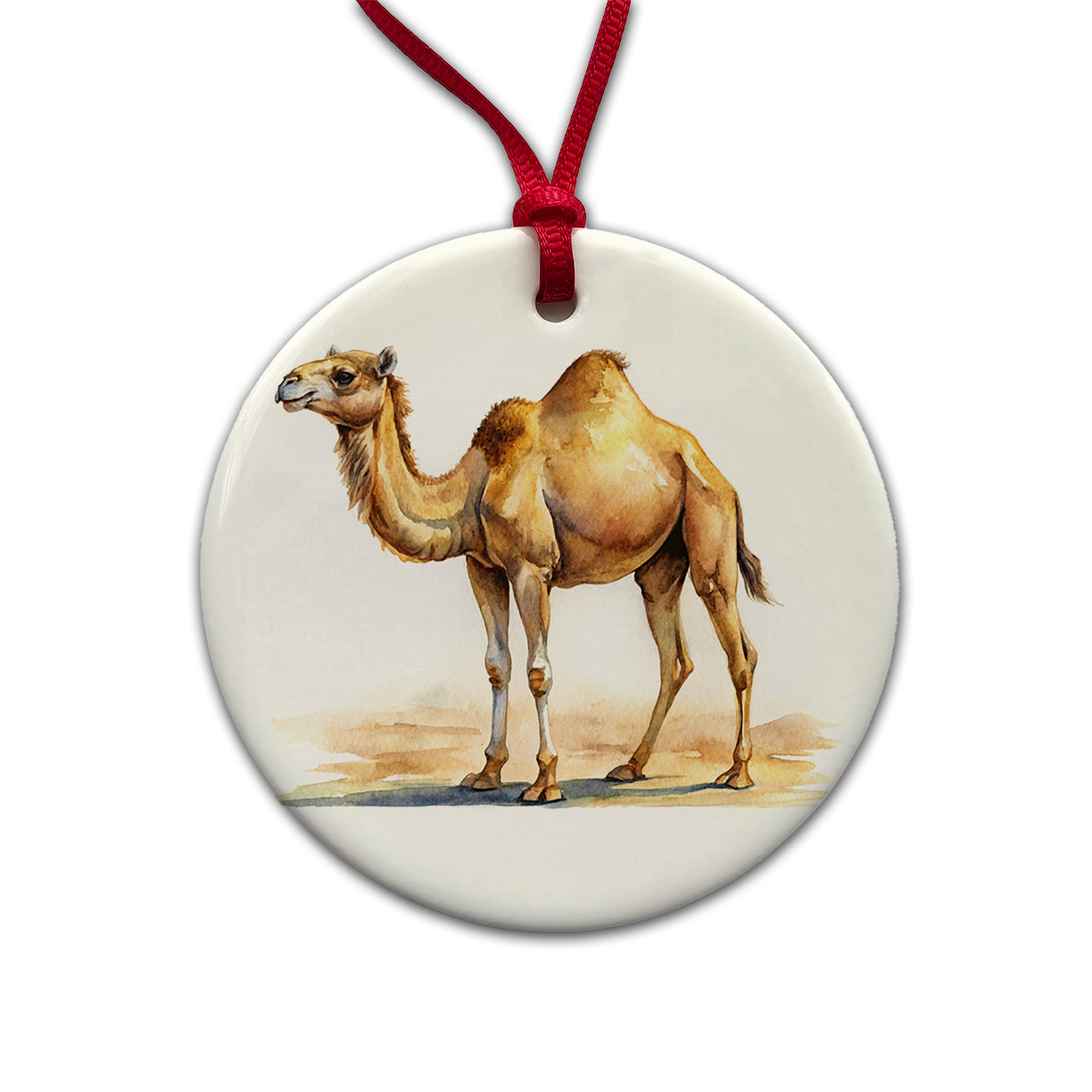 Camel Standing Watercolor Round Ceramic Holiday Christmas Tree Ornament