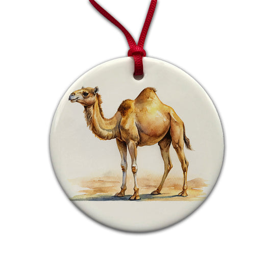 Camel Standing Watercolor Round Ceramic Holiday Christmas Tree Ornament