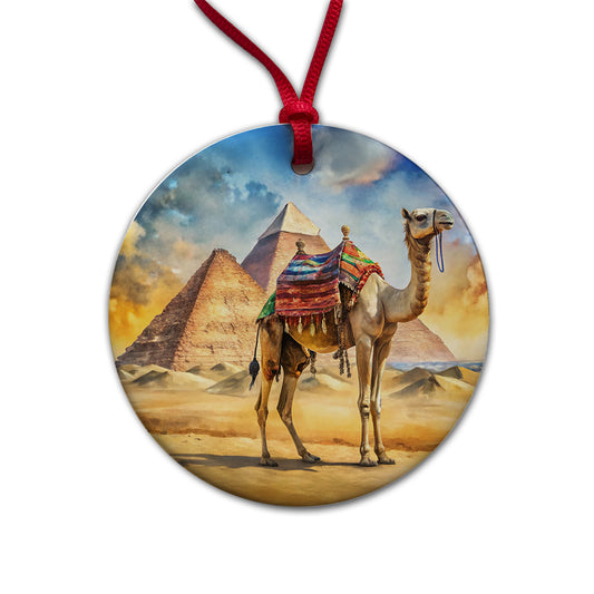 Camel With Pyramids In Background Watercolor Round Ceramic Holiday Christmas Tree Ornament