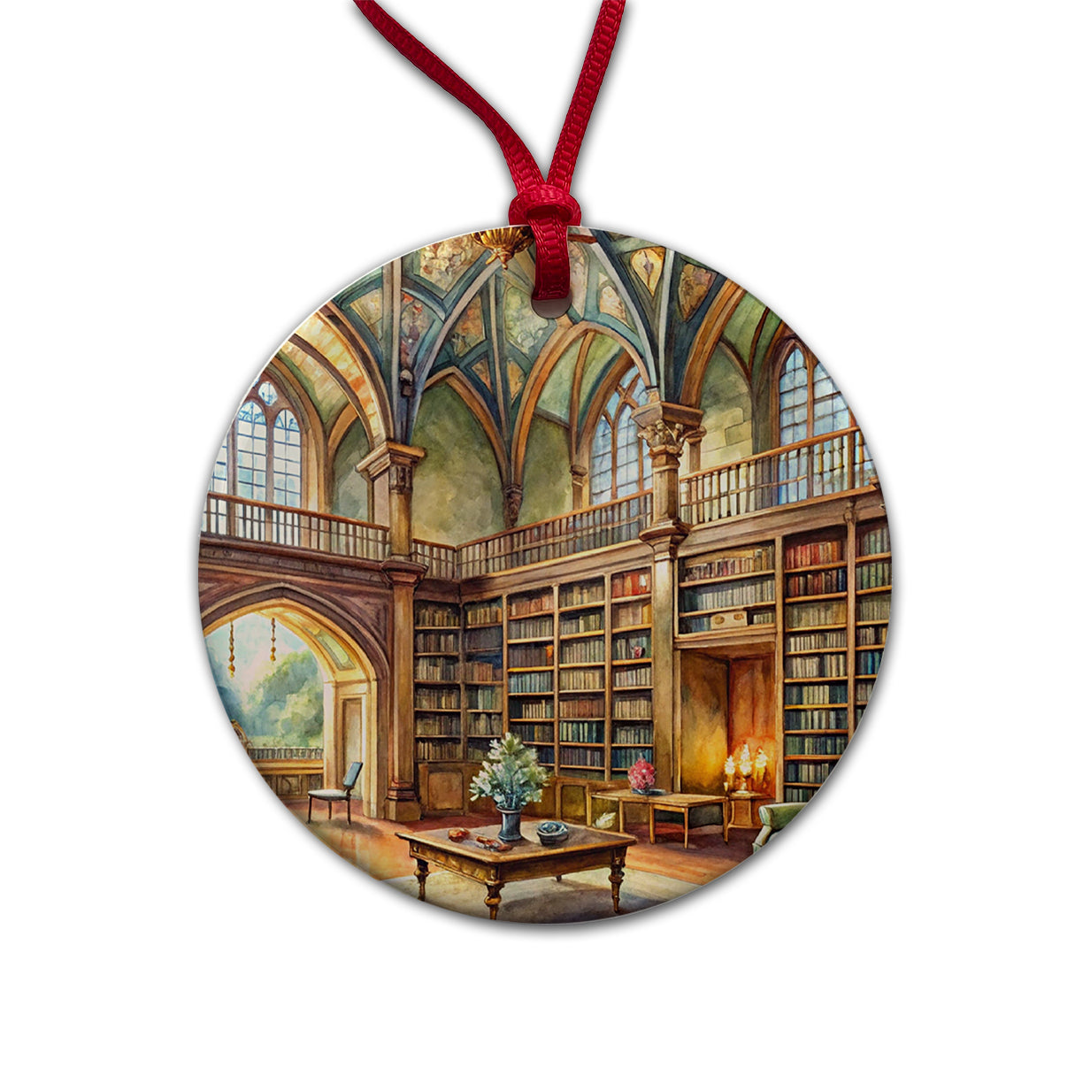 Castle Library Books Reading Watercolor Round Ceramic Holiday Christmas Tree Ornament