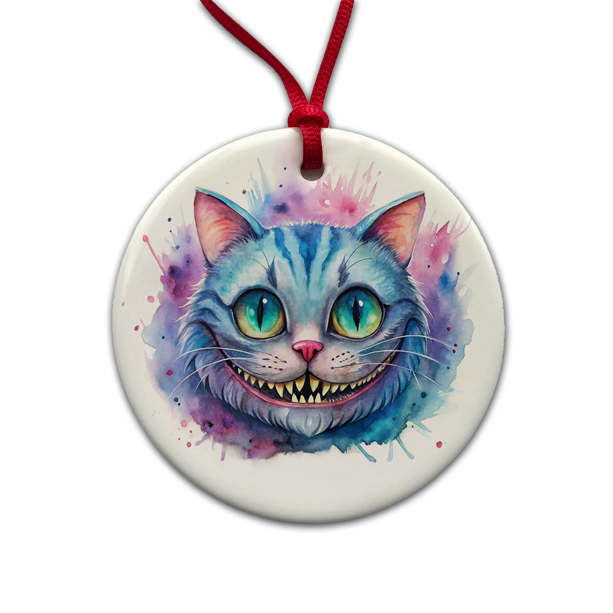 Cheshire Cat Alice in Wonderland Watercolor Round Ceramic Holiday Christmas Tree Ornament