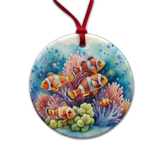 Clown Fish Swimming Around Coral Watercolor Round Ceramic Holiday Christmas Tree Ornament