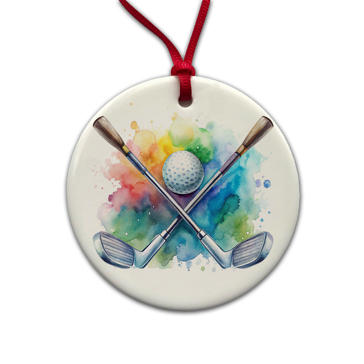 Crossed Golf Clubs And Ball Watercolor Round Ceramic Holiday Christmas Tree Ornament