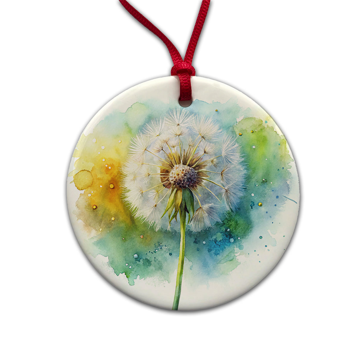 Dandelion Watercolor Round Ceramic Holiday Christmas Tree Ornament