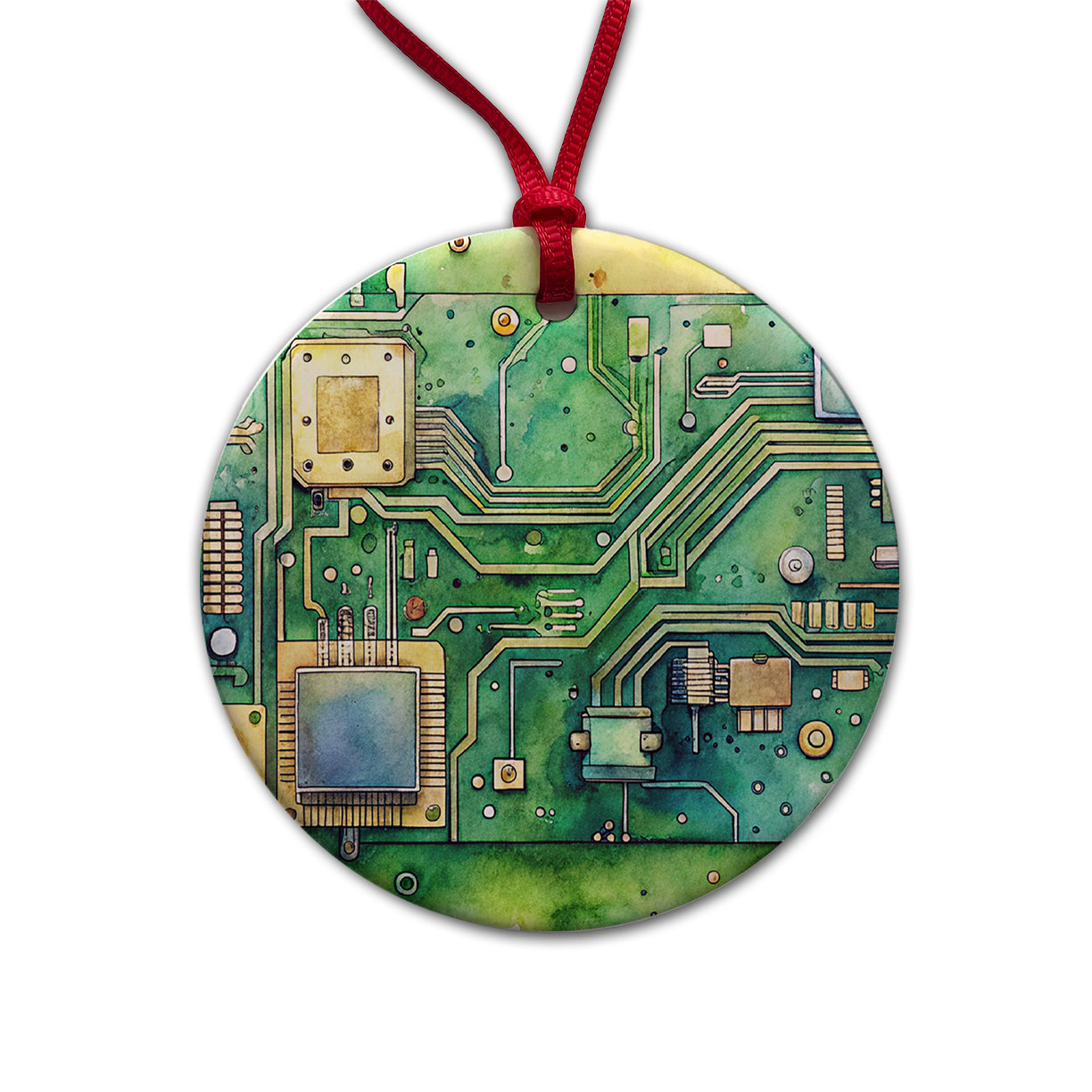Detailed Circuit Board Watercolor Round Ceramic Holiday Christmas Tree Ornament