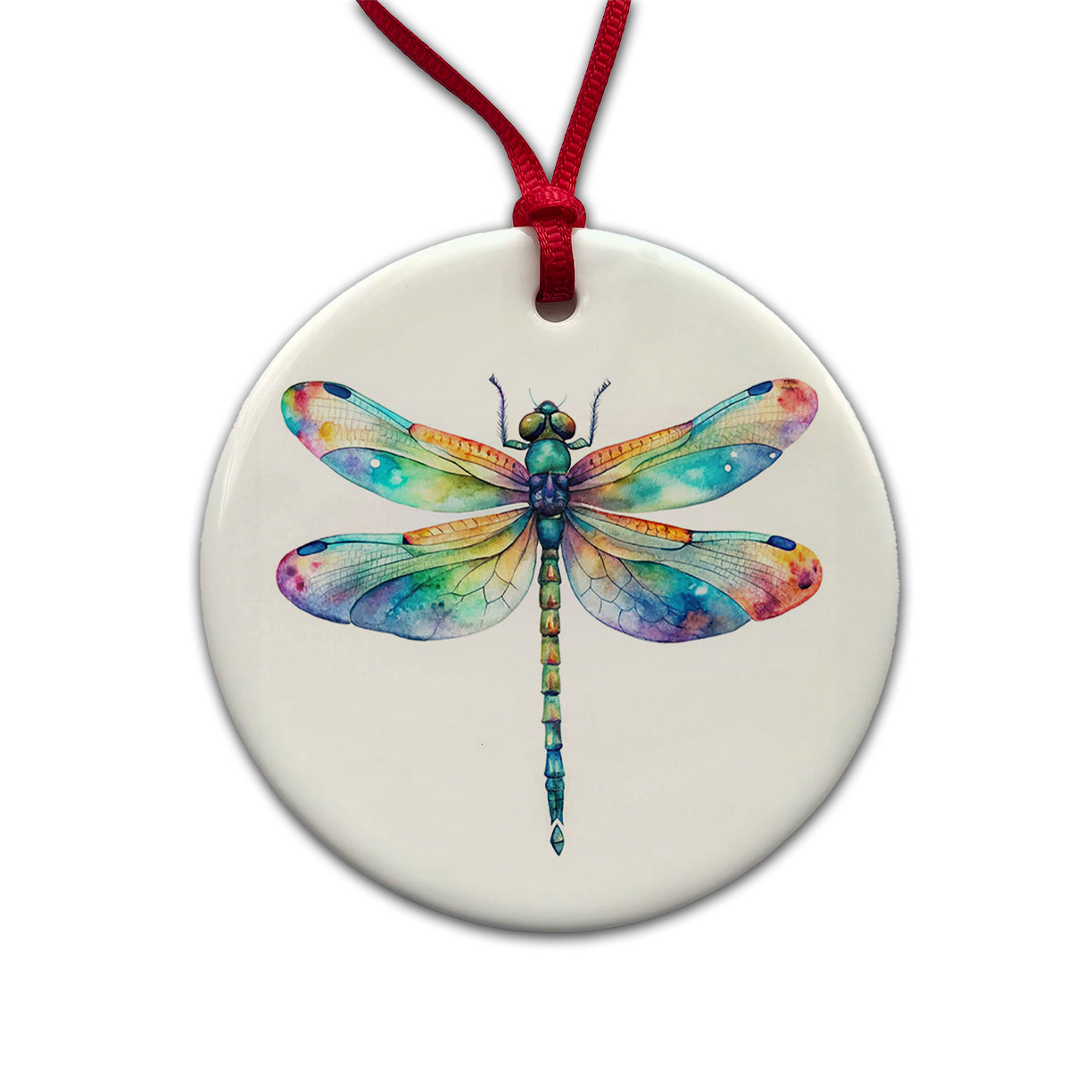 Dragonfly Rainbow Watercolor Round Ceramic Holiday Christmas Tree Ornament