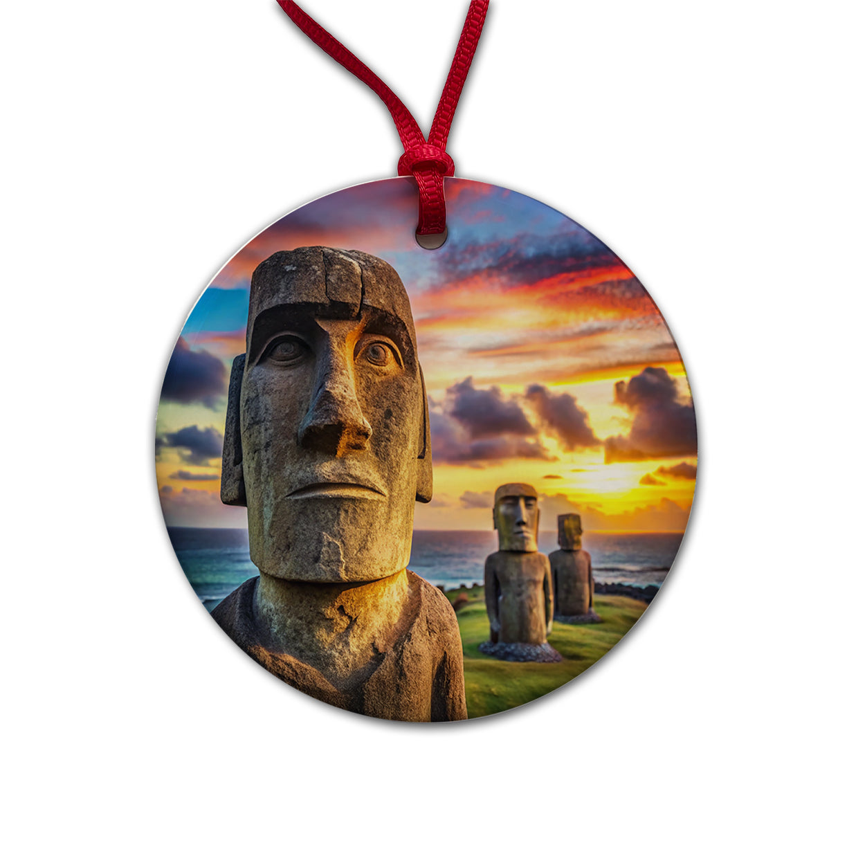 Easter Island Statues At Sunset Watercolor Round Ceramic Holiday Christmas Tree Ornament