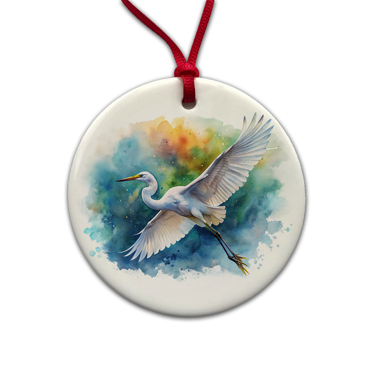 Egret In Flight Watercolor Round Ceramic Holiday Christmas Tree Ornament