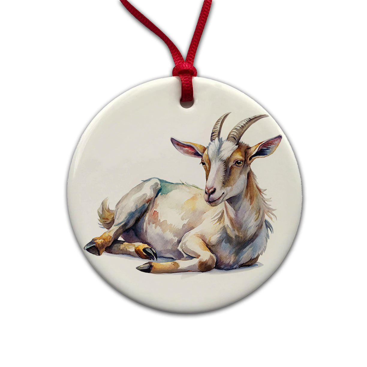 Fainting Goat Lying On Its Side Watercolor Round Ceramic Holiday Christmas Tree Ornament