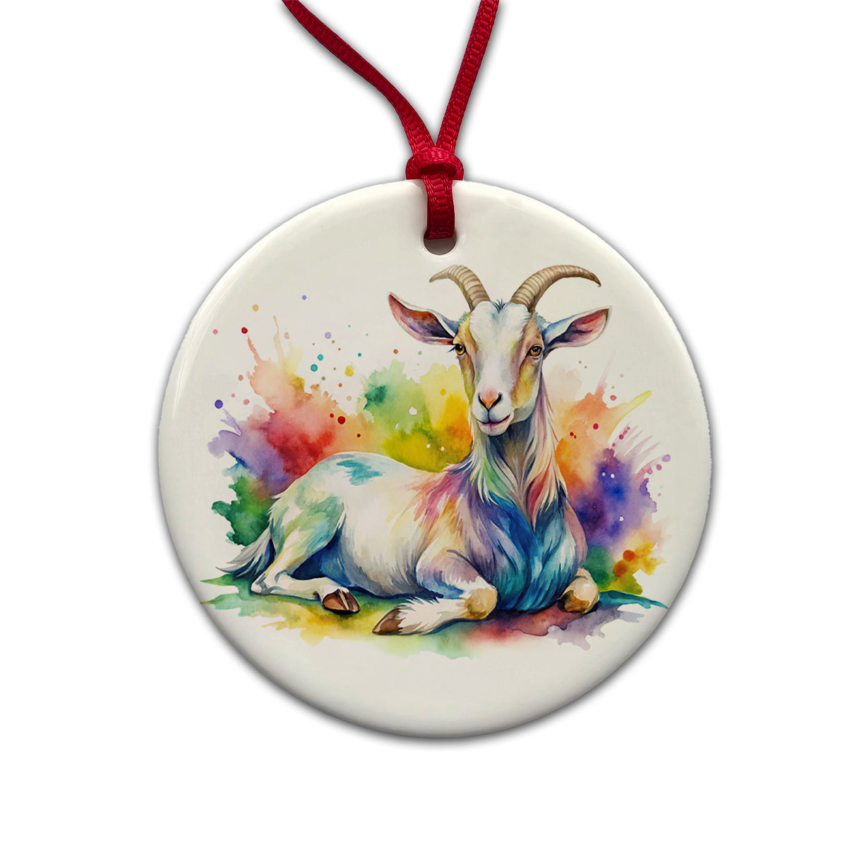 Fainting Goat Rainbow Colorful Watercolor Round Ceramic Holiday Christmas Tree Ornament