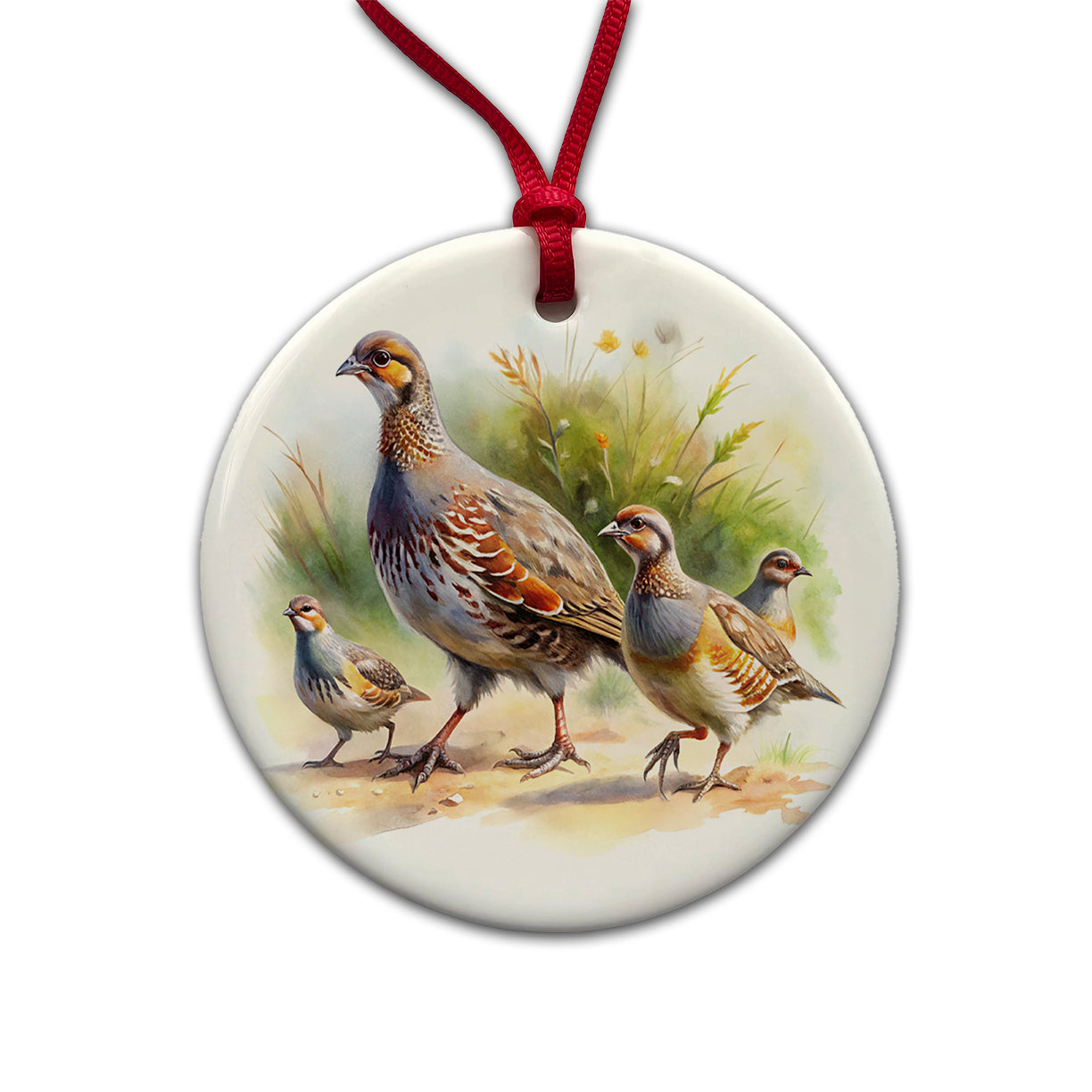 Family Of Partridges Running Watercolor Round Ceramic Holiday Christmas Tree Ornament