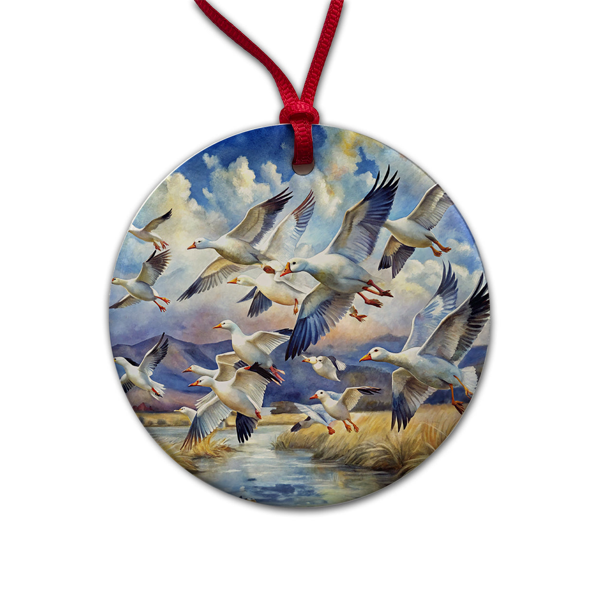 Flock Of Snow Geese In Flight Watercolor Round Ceramic Holiday Christmas Tree Ornament