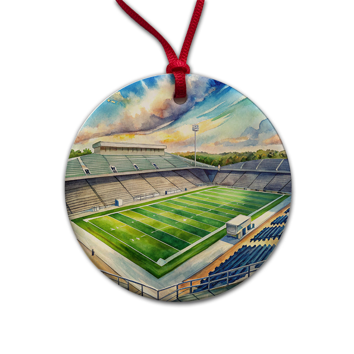 Football Game Field As Seen From Stadium Stands Watercolor Round Ceramic Holiday Christmas Tree Ornament