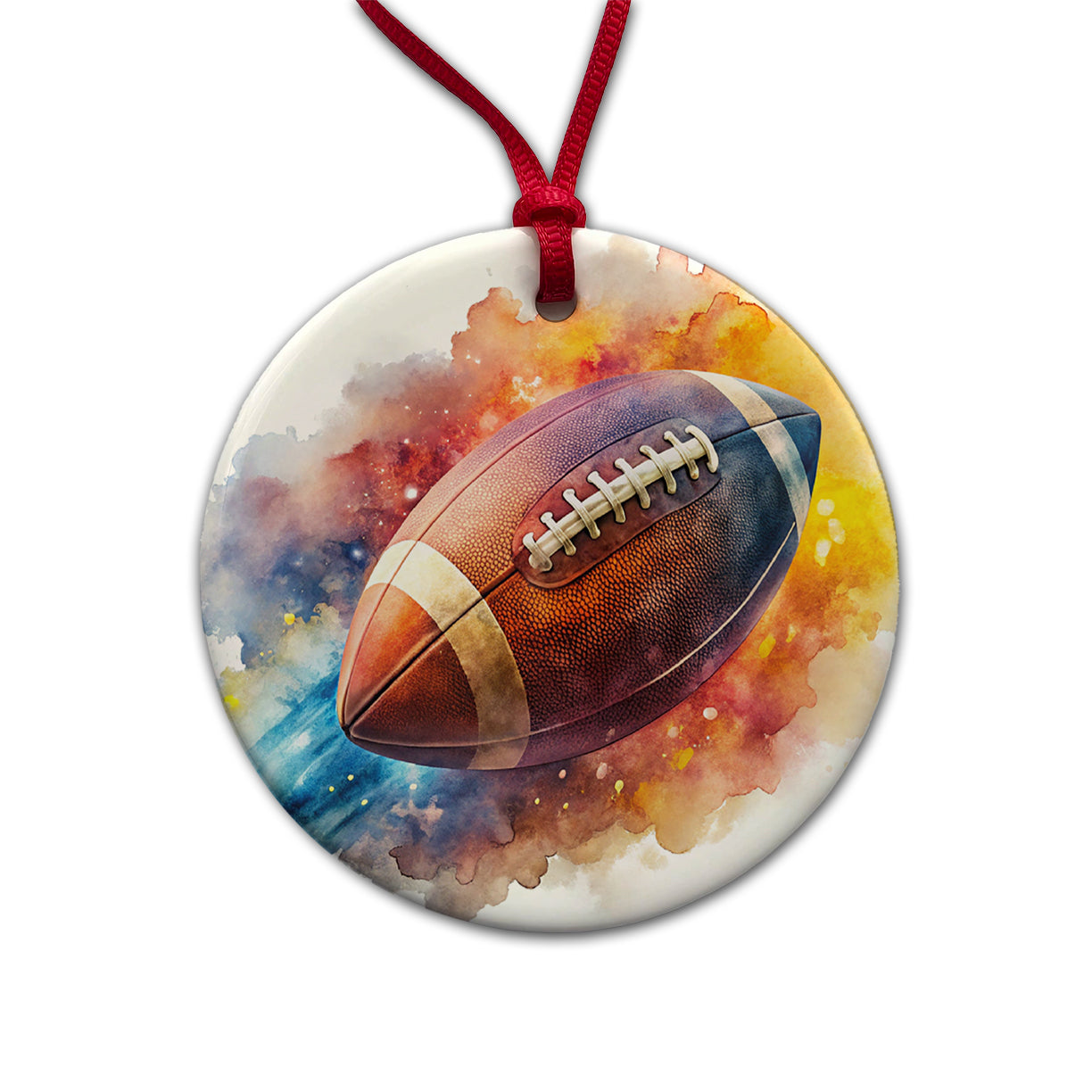 Football Rocketing Through The Air Watercolor Round Ceramic Holiday Christmas Tree Ornament