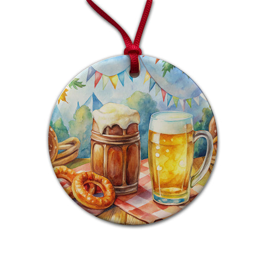 German Oktoberfest Beer Pretzel Watercolor Round Ceramic Holiday Christmas Tree Ornament