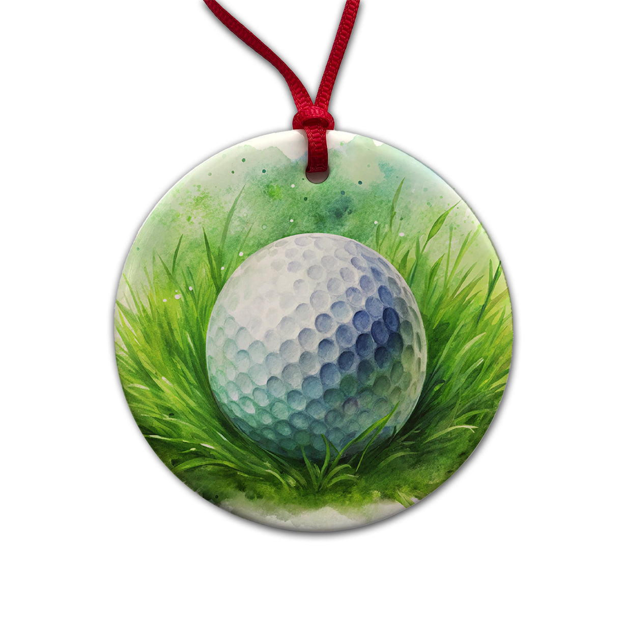 Golf Ball On Grass Watercolor Round Ceramic Holiday Christmas Tree Ornament