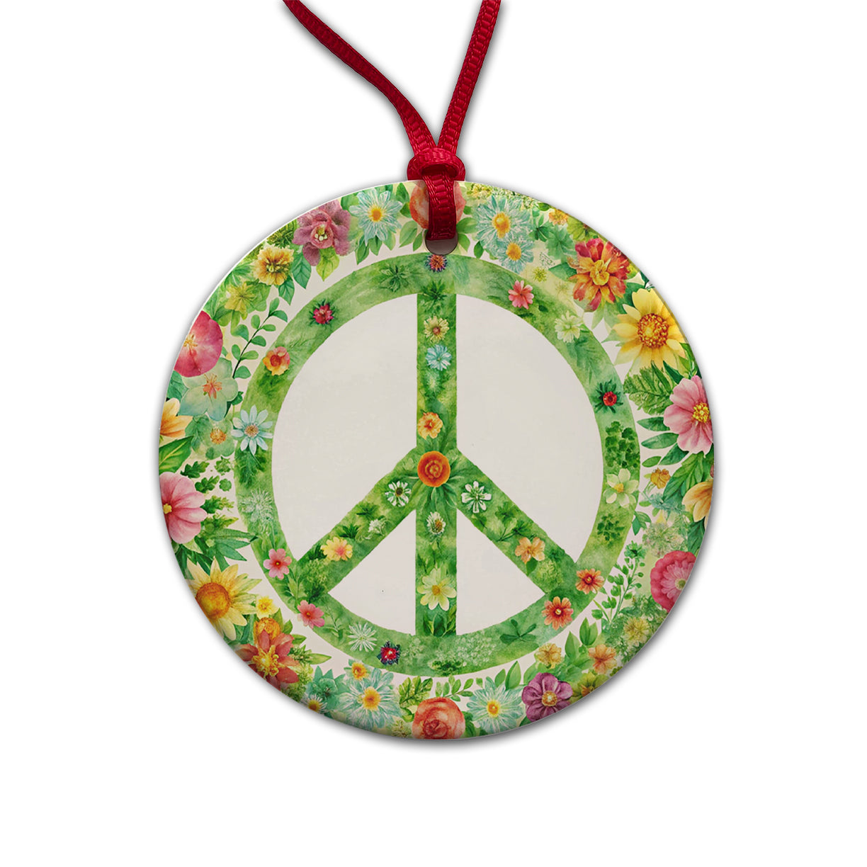 Green Peace Symbol Hippie Floral Watercolor Round Ceramic Holiday Christmas Tree Ornament